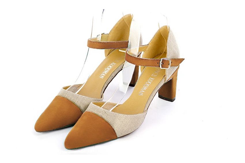 Women's camel beige and gold elegant closed-back heels, with an instep strap. Tapered toe. Medium comma heels - Front view